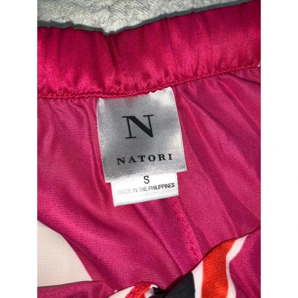 Natori Womens Pajama Set Pink Orange Abstract Floral Satin Button Top Pants S